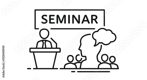 Seminar illustration depicting a speaker presenting to an audience in a simple line drawing