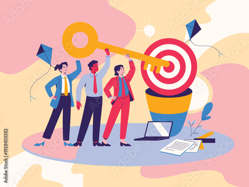 Business team successfully inserting a golden key into a target bullseye, symbolizing strategy, solution, and achieving company objectives.