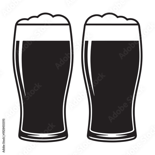 Two pint glasses of dark beer with foamy heads, stylized black and white vector illustration for pub and celebration themes
