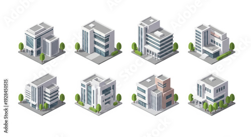 Isometric office buildings set. Modern architecture.