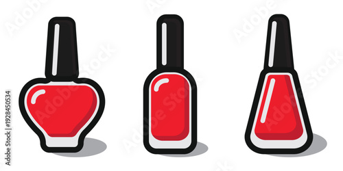 Three versions of nail polish bottle icons in flat style isolated on transparent background. Beauty cosmetic symbols with editable stroke, ideal for manicure, nail salon and spa.