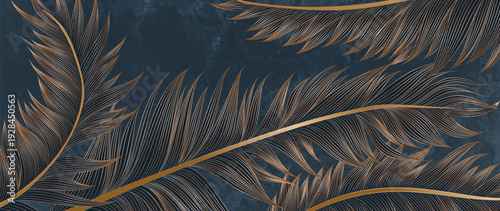 Dark blue art background with feathers or leaves in a hand-drawn gold line art style. A natural vector banner for decor, wallpaper, prints, textiles, posters, and interior design.