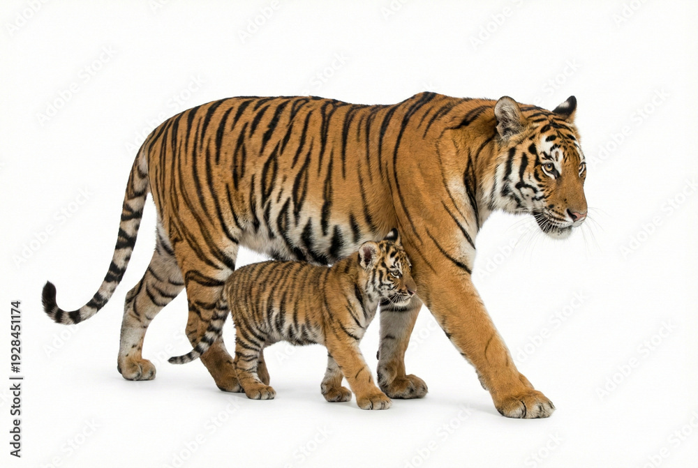 Fototapeta premium Bengal tiger mother walking with cute cub isolated on white background