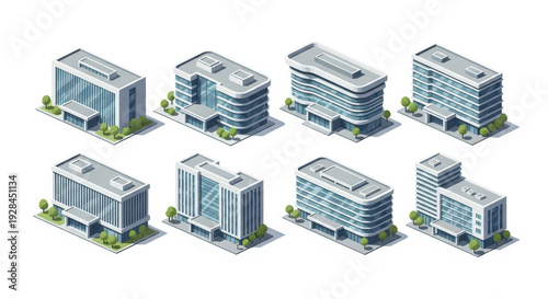 Isometric office buildings set. Modern architecture.