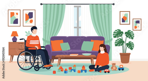 Title: Cozy inclusive living room scene showing wheelchair user and caregiver playing with toys amid warm decor plants cushions and accessible home design  