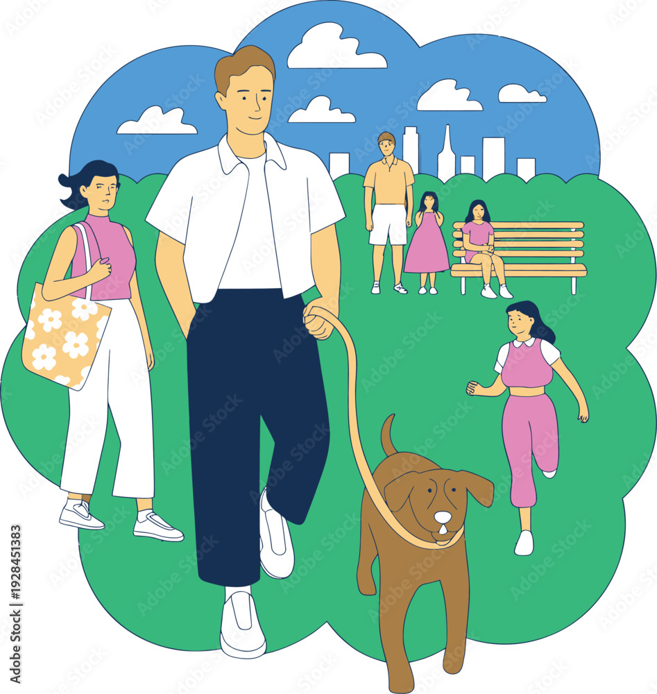 Fototapeta premium Diverse family and dog enjoying a sunny day in the park, with city skyline in background. Flat illustration style.