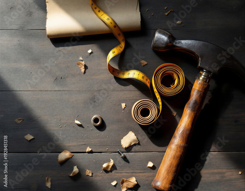 Vintage carpenter tools flat lay on weathered oak: aged steel hand plane, rusty hammer, brass tape measure, blueprint. Warm raking light, film grain, nostalgic craftsmanship