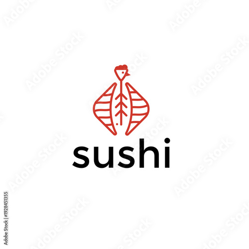 Sushi logo vector featuring a chicken head integrated with a stylized fish bone and geometric wing-like elements