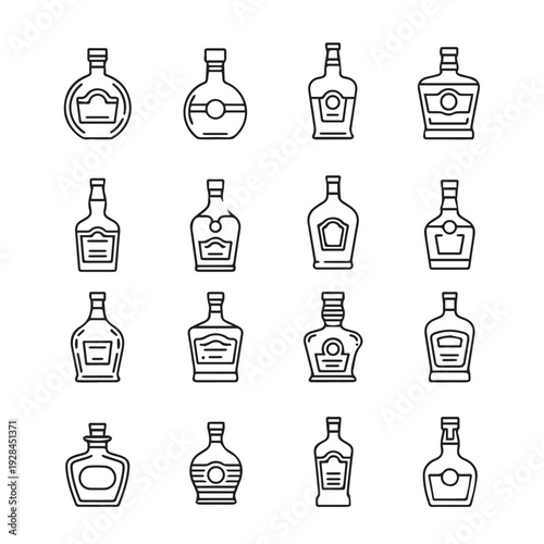 Collection of Liquor Bottle Icons Various Shapes and Styles Line Art Illustration