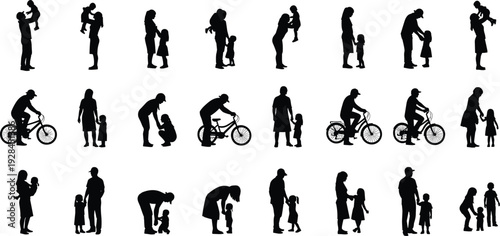 Large collection of black silhouette vector illustrations showing happy parents bonding, playing, and interacting with their children in various activities.
