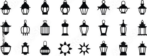 Islamic lantern icon set with traditional Ramadan hanging lamps and decorative arabic light symbols, flat vector illustration collection