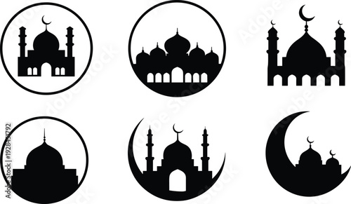 Islamic mosque badge and crescent moon logo set for Ramadan and Eid celebration branding design, flat vector illustration