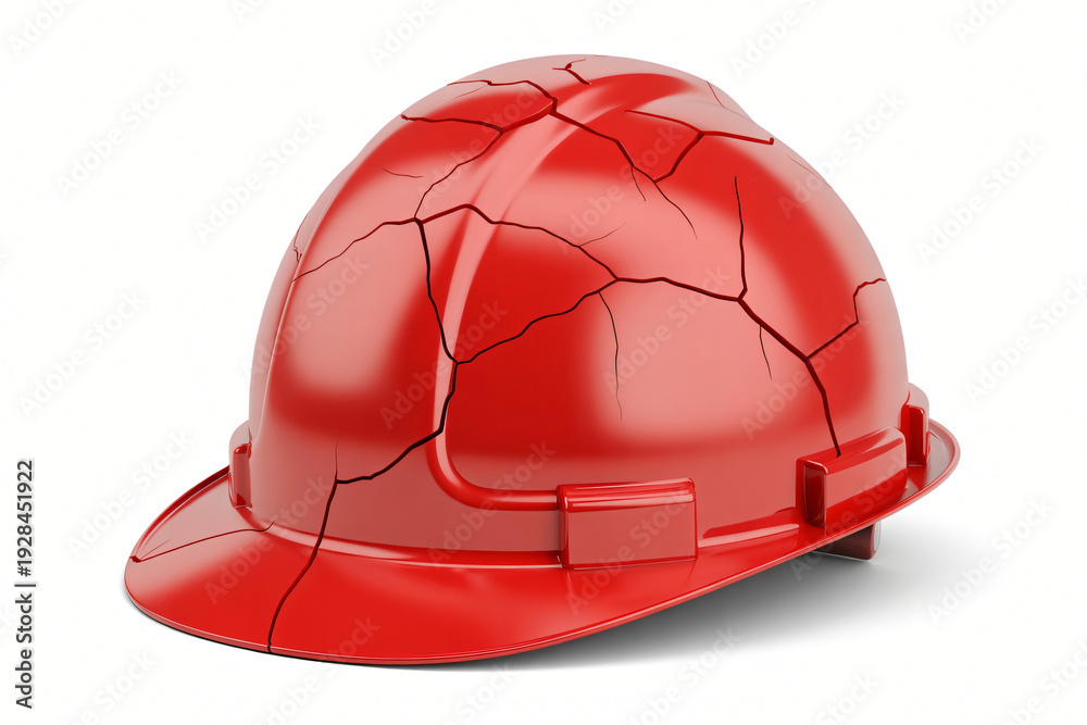 Fototapeta premium A severely cracked vibrant red safety helmet visually emphasizing the critical importance of robust safety measures and equipment durability.