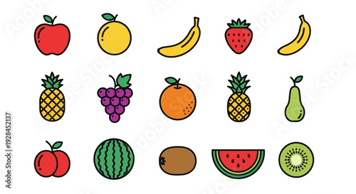 Assorted colorful cartoon fruits arranged in a grid pattern.