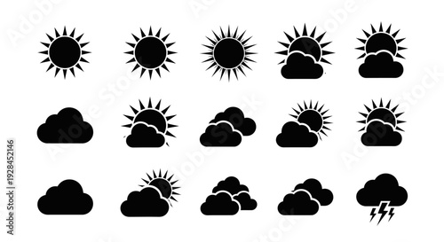 Collection of black weather icons depicting various conditions.