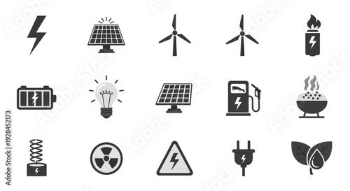 Collection of black icons representing renewable energy sources and symbols.