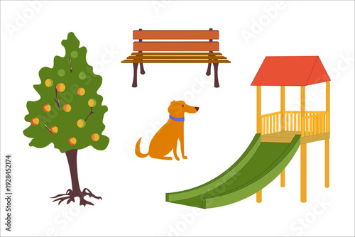 Set of bright elements on the theme of houses and the city: bench, playground, tree and dog isolated on a white background