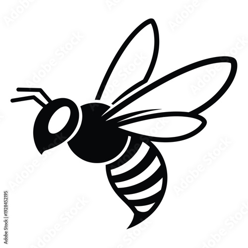 A sleek black and yellow striped bee in mid-flight with detailed wing patterns. Vector