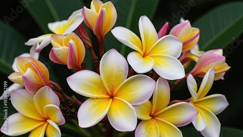A vibrant bouquet of yellow and pink plumeria flowers in bloom