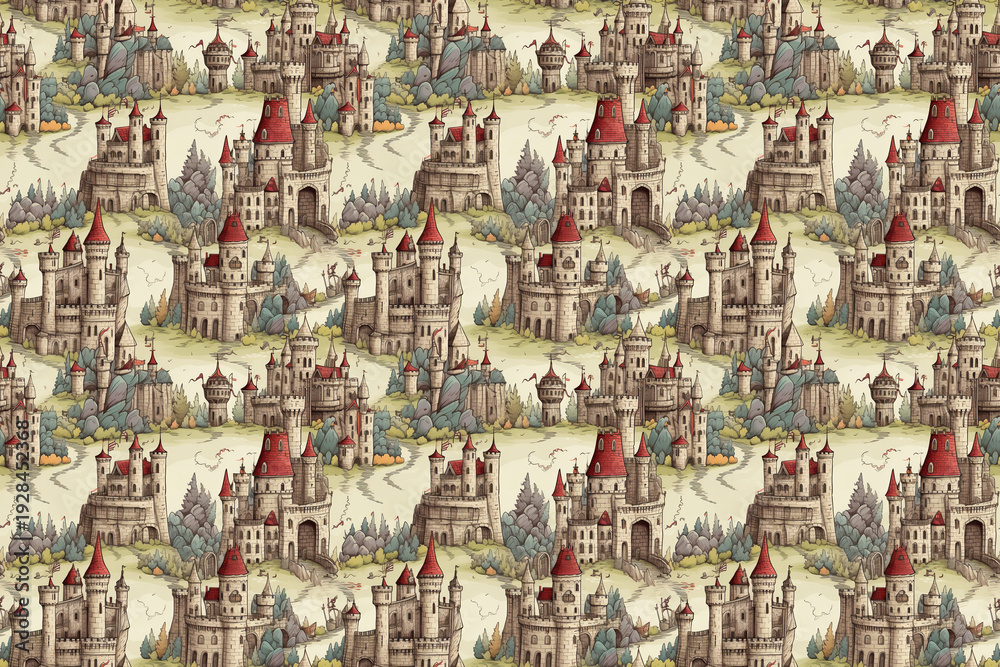 Fototapeta premium Seamless Pattern of Fairy Tale Castles with Spires, Turrets and Magic Glow, Whimsical Illustration for Children’s Design and Fantasy Themes