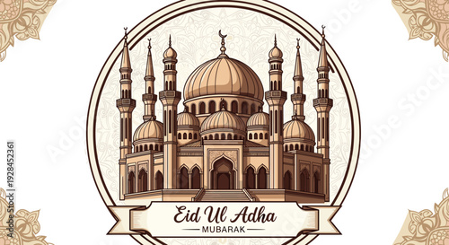 Eid Ul Adha Mubarak greeting card design featuring a beautifully detailed traditional mosque illustration with elegant ornamental corner decorations.