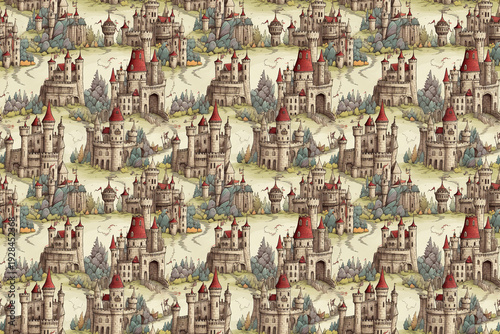 Seamless Pattern of Fairy Tale Castles with Spires, Turrets and Magic Glow, Whimsical Illustration for Children’s Design and Fantasy Themes