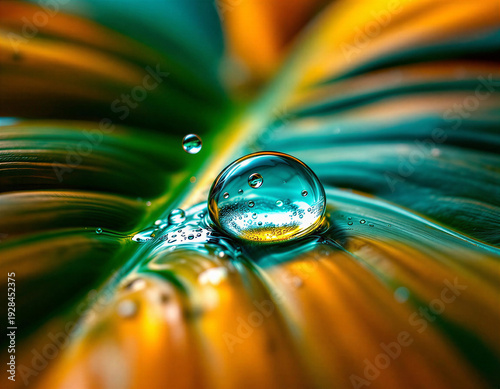 Extreme macro monstera leaf with frozen water droplets mid-splash, S-curve composition, warm amber to icy cyan gradient lighting, brutalist contrast, vibrant tropical greens