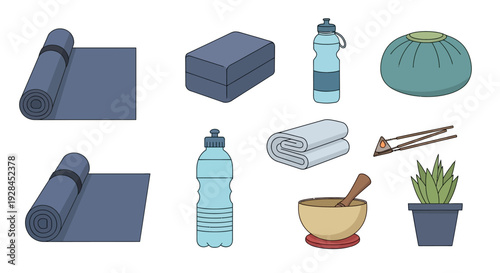 Yoga accessories and wellness products for relaxation and exercise.