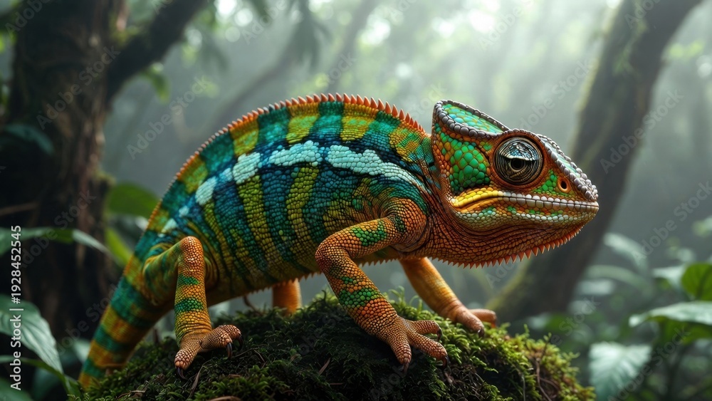 Fototapeta premium Vivid chameleon climbing over mossy rock in rainforest undergrowth.