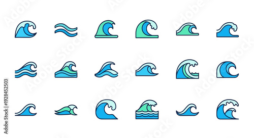 Collection of blue wave icons in various styles and shapes.