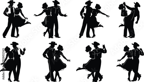 Collection of active romantic dancing couple silhouettes performing traditional western country square dance isolated on a solid white background.