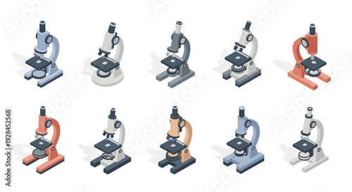 Collection of various colored microscopes on white background.