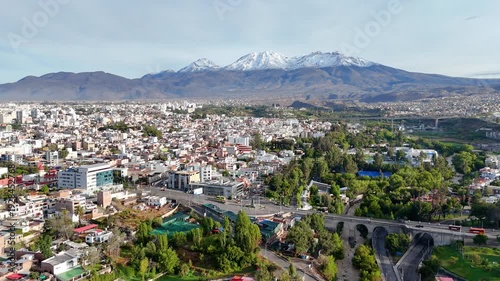 Aerial view of the Chachani volcano and the Chilina valley in the city of Arequipa, Peru