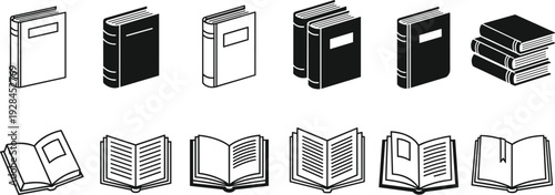 Collection of closed and open book icons featuring outline and solid styles perfectly suited for education or literature graphic design.