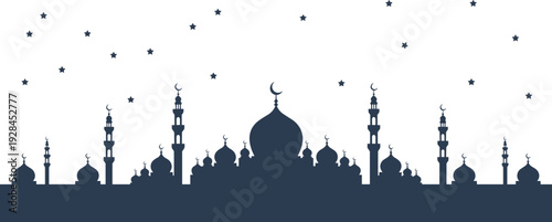 Islamic mosque skyline silhouette at night, Ramadan crescent domes and stars flat vector illustration background