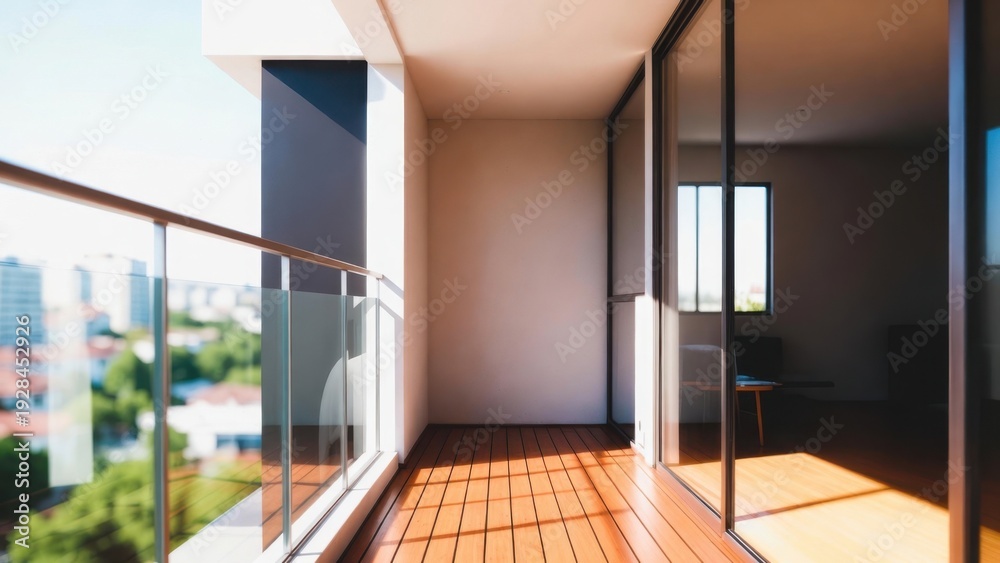 Fototapeta premium Empty balcony bathed in sunlight overlooking urban view.