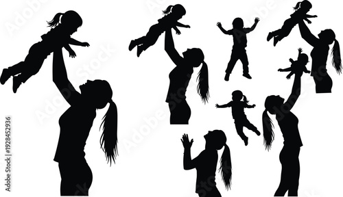Heartwarming black silhouettes of loving mothers lifting, playing, and bonding with their joyful babies and toddlers on a white background.