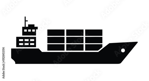 Simple black icon depicting a container ship at sea side view