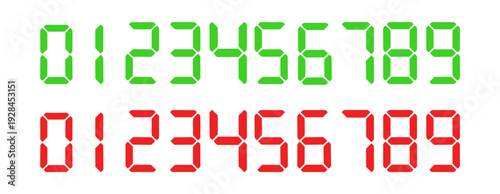 Seven segment digital clock number set, LED display digits isolated on transparent background