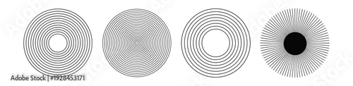 Abstract concentric circle and radial sunburst set with geometric line patterns isolated on transparent background