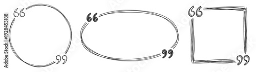 Hand drawn quote frames with decorative quotation marks, oval and square sketch borders isolated on transparent background