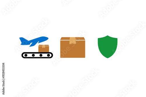 A flat illustration featuring icons for air freight, a cardboard shipping box, and a green security shield on a black background, representing logistics and secure delivery services.