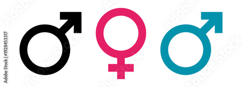 Male and female gender symbols set in black, pink and blue isolated on transparent background
