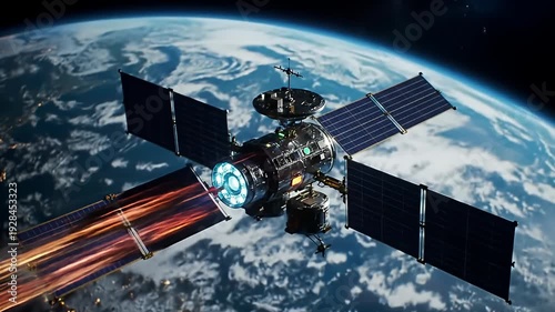 A futuristic spacecraft propelling through space above Earth, showcasing advanced technology and exploration