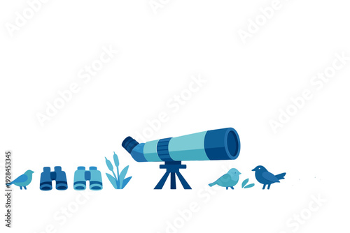 This flat vector illustration shows birdwatching tools including a telescope on a tripod and binoculars, surrounded by various blue and white birds and marsh plants.