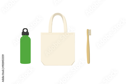 This flat vector illustration features a green reusable water bottle, a cream canvas tote bag, and a wooden toothbrush on a black background, representing a sustainable and zero waste lifestyle.