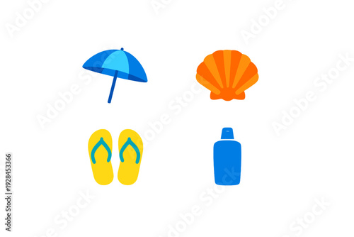 A collection of four colorful beach icons including a blue umbrella, an orange seashell, yellow flip-flops, and a blue sunscreen bottle, all set against a solid black background.