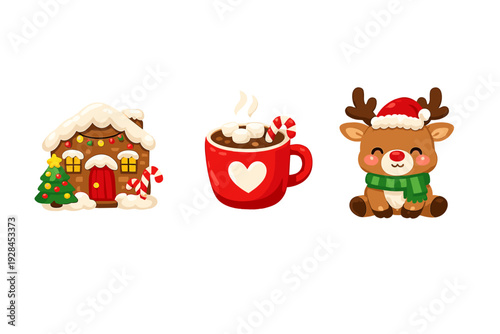 Three cute Christmas illustrations featuring a snow-covered gingerbread house, a red mug of hot chocolate with marshmallows, and a cartoon reindeer wearing a Santa hat and scarf.