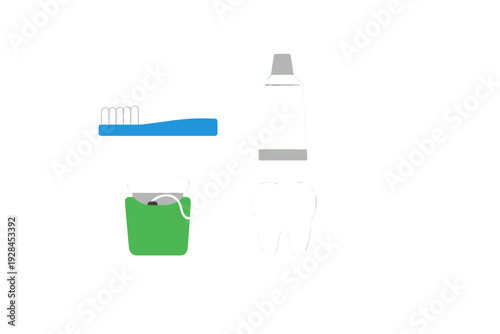 A flat illustration depicting dental hygiene tools including a blue toothbrush, a white toothpaste tube, green dental floss, and a white tooth on a black background.