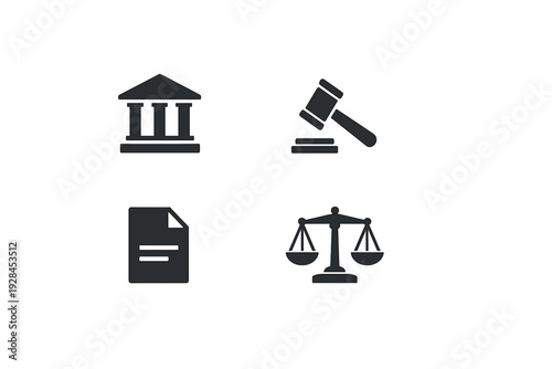 This set of four black icons features a courthouse building, a judge's gavel, a legal document, and the scales of justice, presented on a solid white background in a flat style.